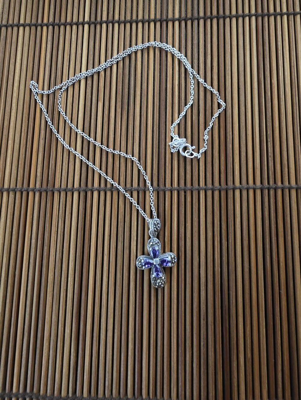 925 Silver Amethyst, Marcasite Chain Necklace (Vintage)